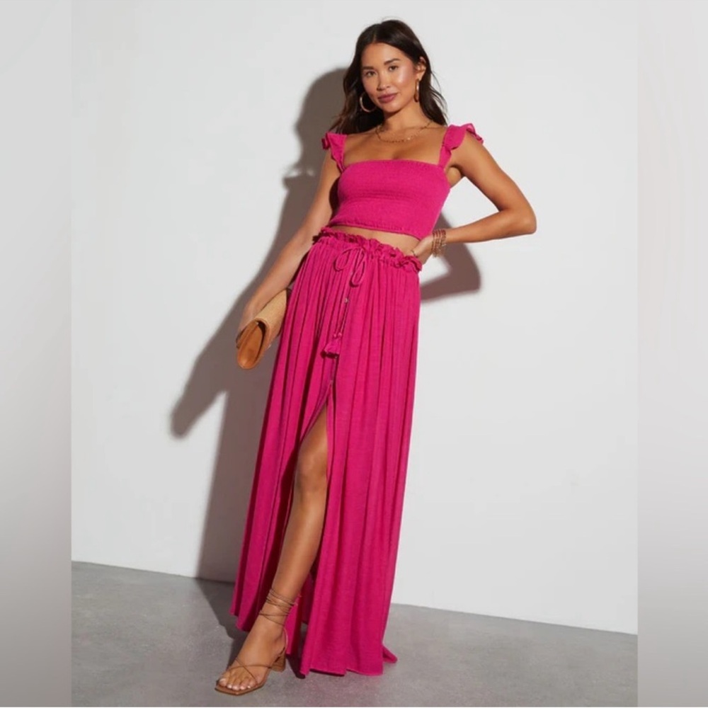 VICI Posie Smocked Crop Top and High Rise Maxi Skirt in Bright Magenta Size M